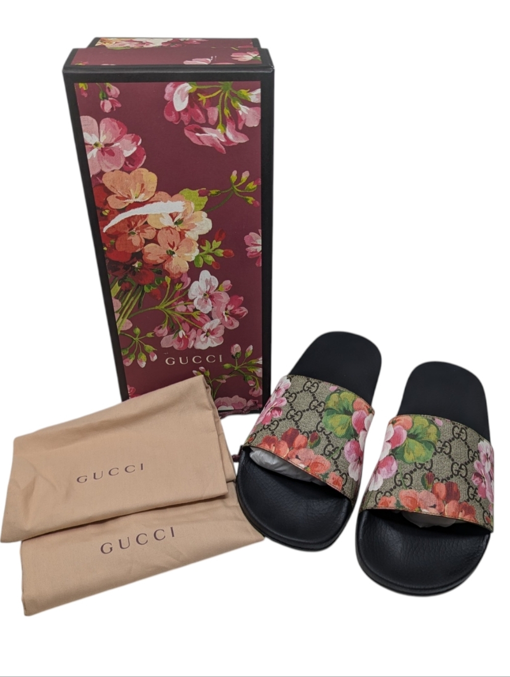 Gucci GG Web Supreme Bloom Floral Slide Sandals Size EU 41